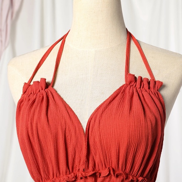 SOLD OUT Red Swiss Dot Mesh Boho Halter Mini Dress - Picture 3 of 6